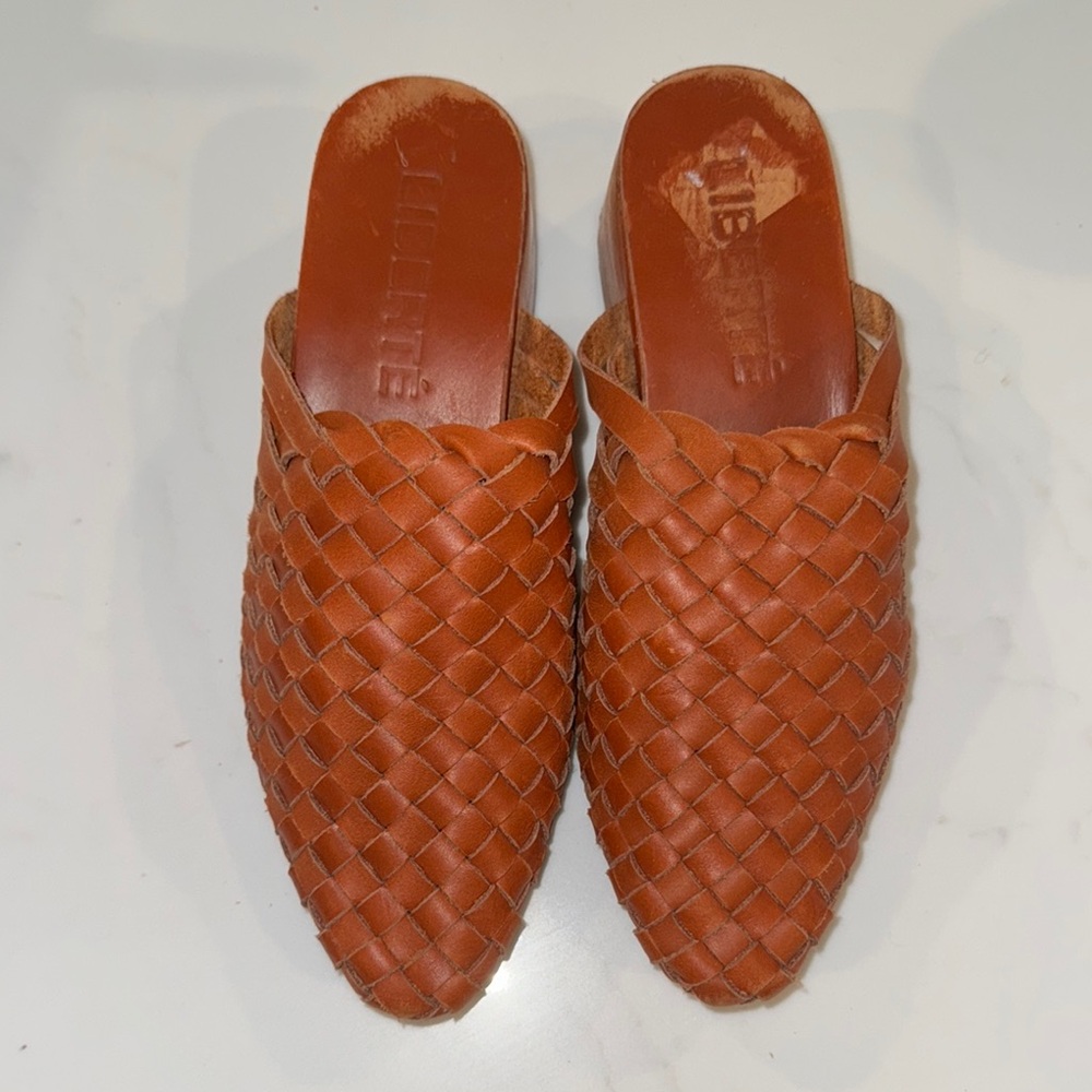 Brown Leather Mules with Woven Design